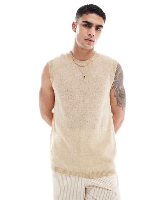 ASOS DESIGN avslappnad stickad väst i öppen stickningstextur i stenfärg - Image 1