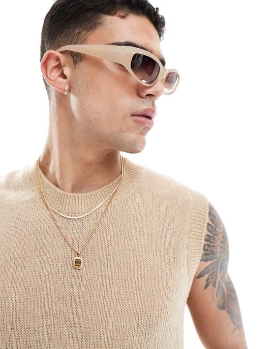 ASOS DESIGN avslappnad stickad väst i öppen stickningstextur i stenfärg - Image 2