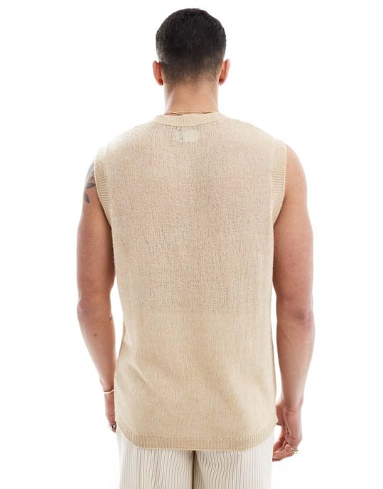ASOS DESIGN avslappnad stickad väst i öppen stickningstextur i stenfärg - Image 3