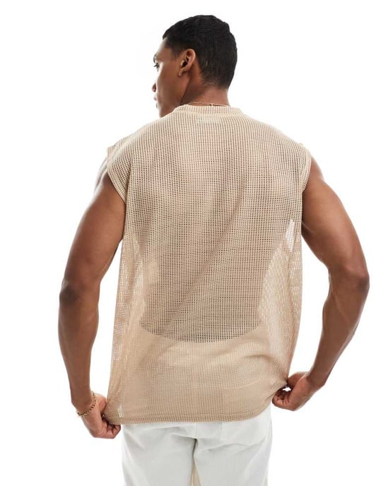 ASOS DESIGN oversized tank top i beige öppen mesh - Image 2