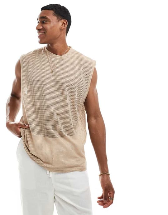 ASOS DESIGN oversized tank top i beige öppen mesh - Image 3