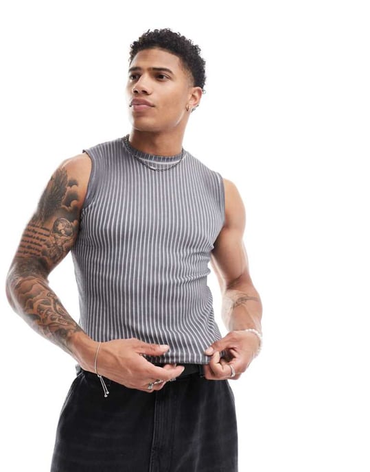 ASOS DESIGN muskel tank topp i tvättad grå ribb - Image 1