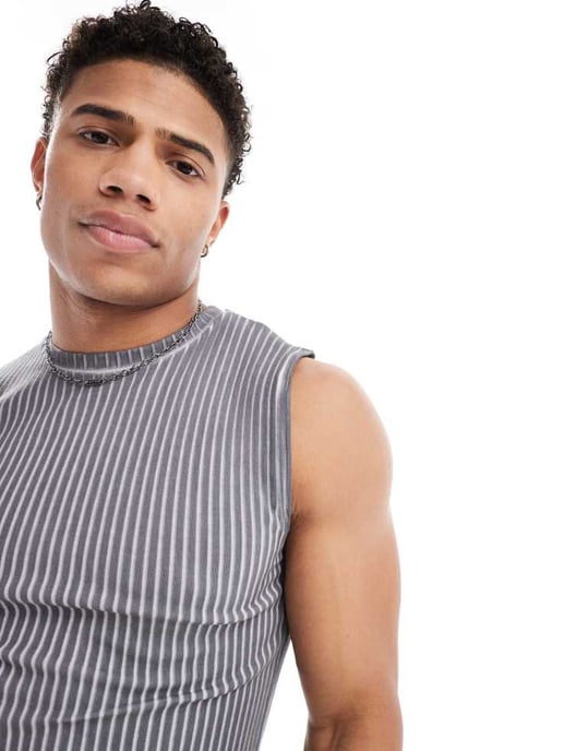 ASOS DESIGN muskel tank topp i tvättad grå ribb - Image 2