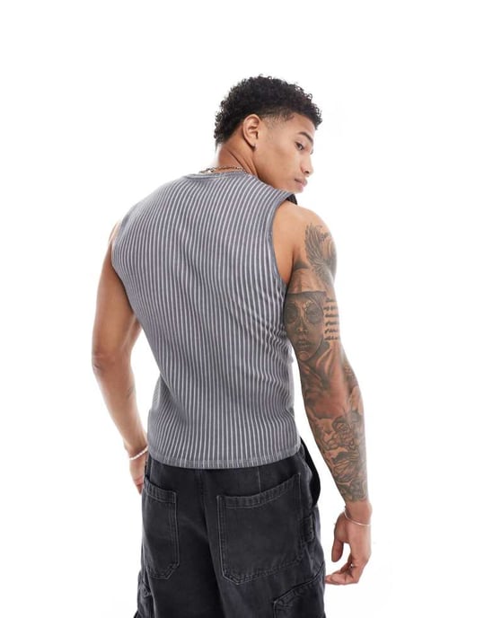 ASOS DESIGN muskel tank topp i tvättad grå ribb - Image 4
