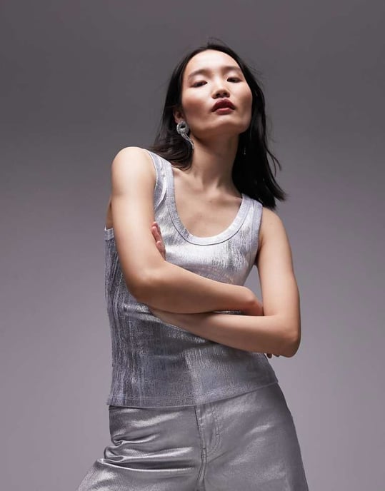 Topshop foiltryckt ärmklippt linne i blått - Image 1