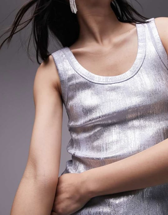 Topshop foiltryckt ärmklippt linne i blått - Image 2