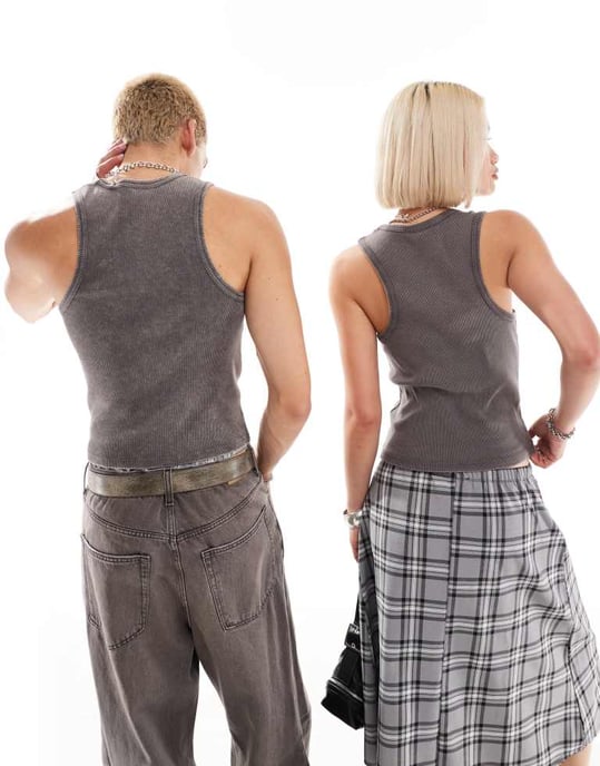 Återvunnen vintage unisex kortad ribbad väst i tvättad kolgrå - Image 2