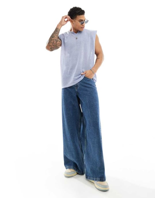ASOS DESIGN oversized tanktopp med notch-hals i blå textur - Image 3
