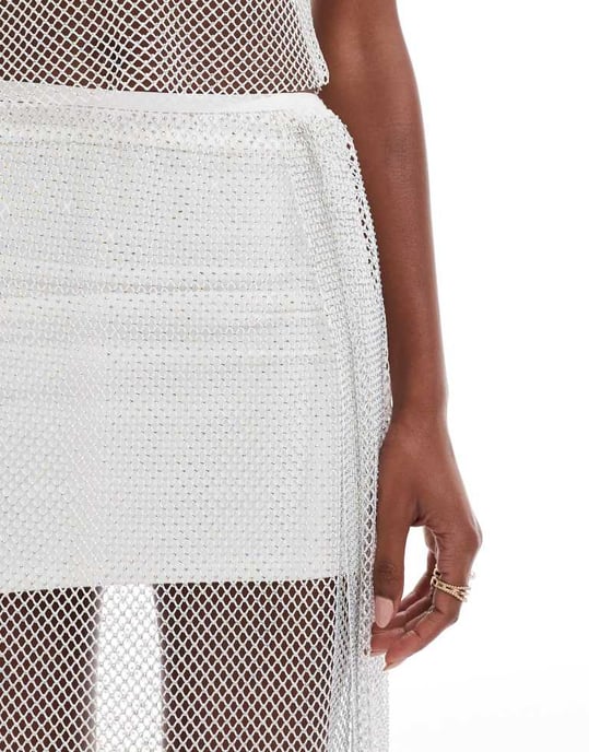 ASOS DESIGN samordnad split-sidig maxikjol i hotfix fiskenät i vitt - Image 4