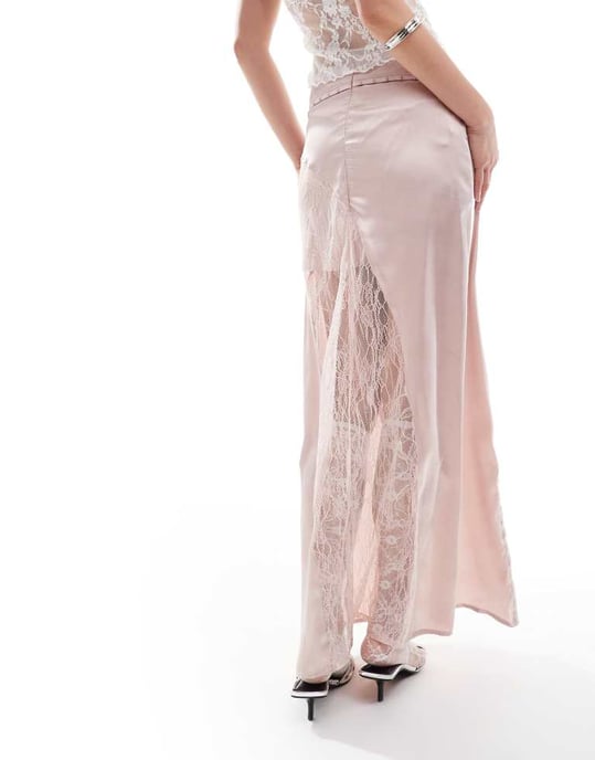 Återvunnen vintage begränsad upplaga spliced maxi särk med spetsinsats i rosa - Image 3
