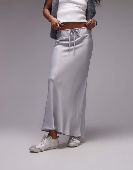 Topshop snedskuren kjol med dragsko i midjan i silver - Image 4
