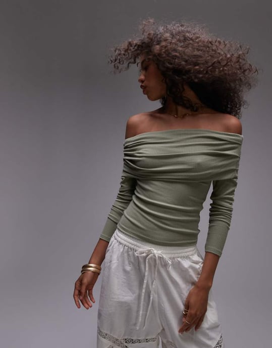 Topshop premium rib long sleeve bardot in washed khaki - Image 1