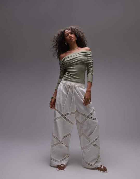 Topshop premium rib long sleeve bardot in washed khaki - Image 2