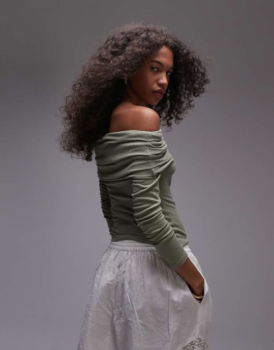Topshop premium rib long sleeve bardot in washed khaki - Image 3
