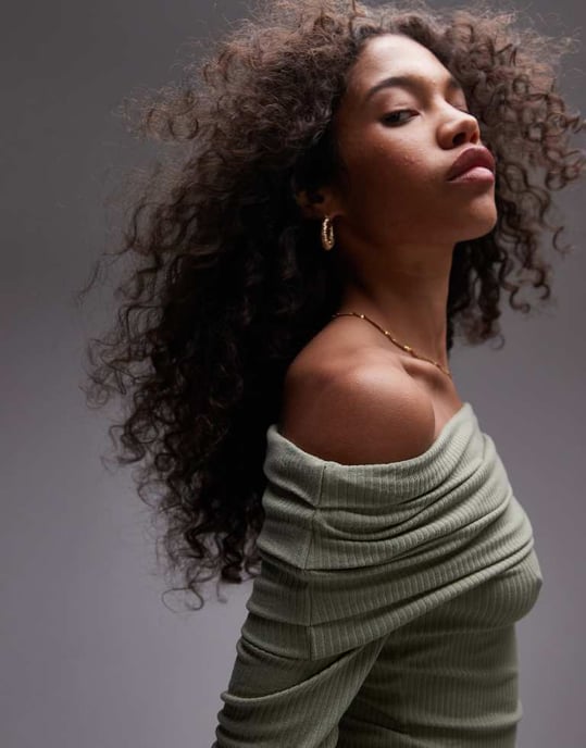 Topshop premium rib long sleeve bardot in washed khaki - Image 4