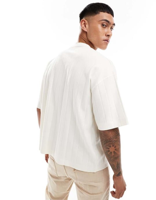 ASOS DESIGN oversized boxy texturiserad ribb t-shirt i krämfärg - Image 2