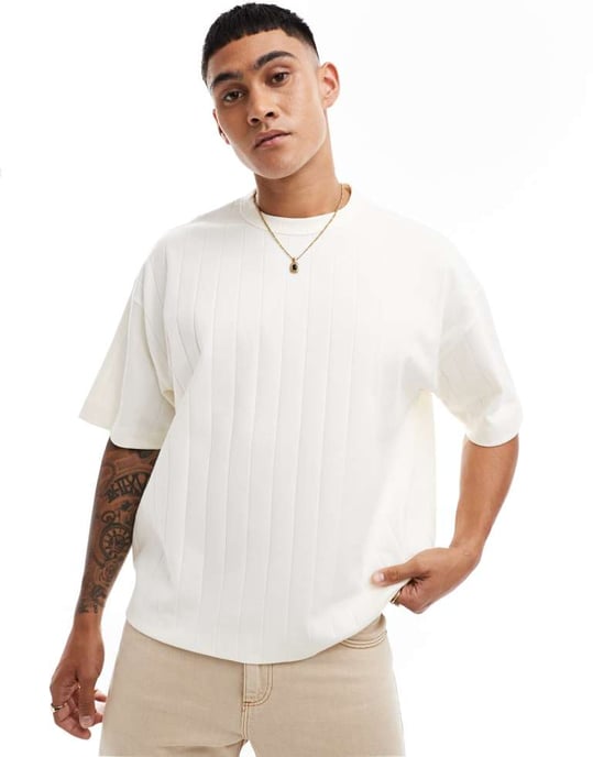ASOS DESIGN oversized boxy texturiserad ribb t-shirt i krämfärg - Image 3