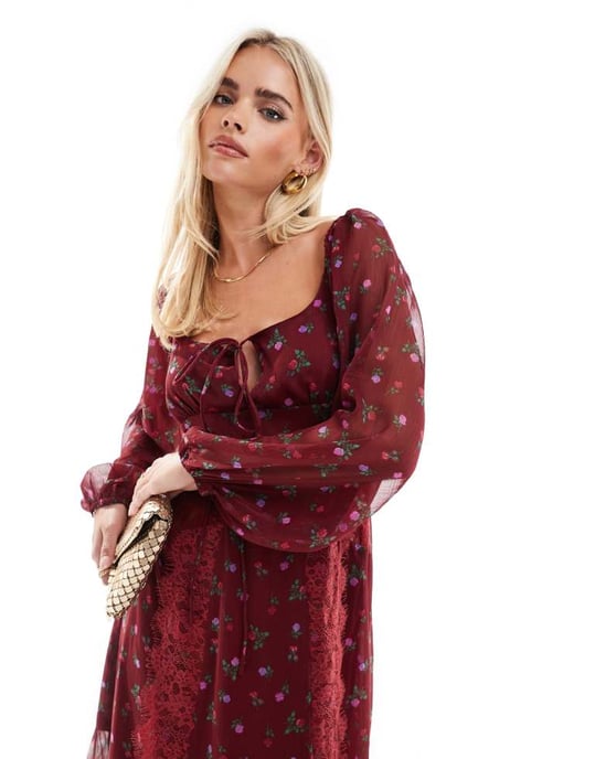 ASOS DESIGN Petite långärmad midi klänning med knyt framtill och spetsinsatser i bordeauxfärgad småblommig mönster - Image 2