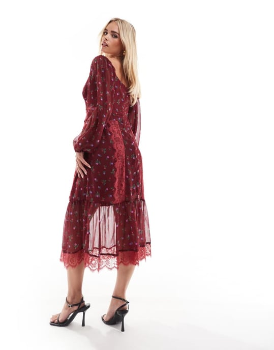 ASOS DESIGN Petite långärmad midi klänning med knyt framtill och spetsinsatser i bordeauxfärgad småblommig mönster - Image 4
