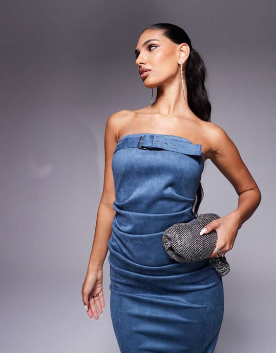 ASOS DESIGN bälte-detalj bandeaufaux mocka midi-klänning i petrolblå - Image 2