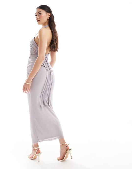 ASOS DESIGN hög krage rynkad mesh midi klänning med genomskinliga paneler och knytbak i grå - Image 2