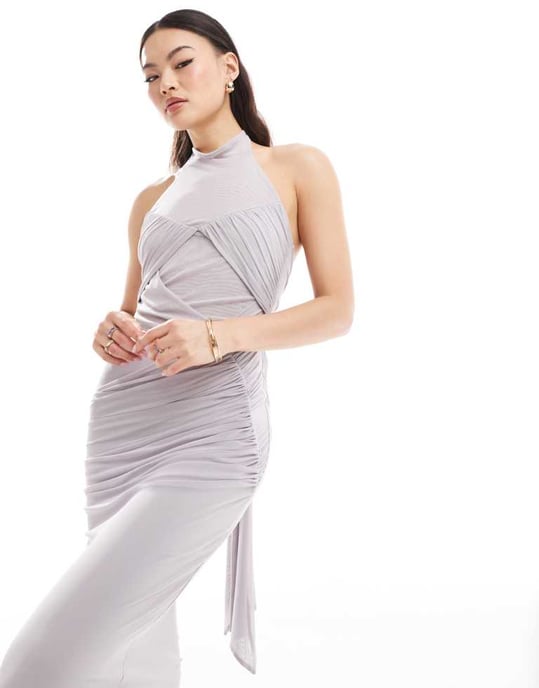 ASOS DESIGN hög krage rynkad mesh midi klänning med genomskinliga paneler och knytbak i grå - Image 3