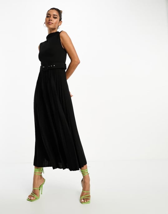 ASOS DESIGN rullkrage midiklänning med veckad kjol och bälte i svart - Image 1