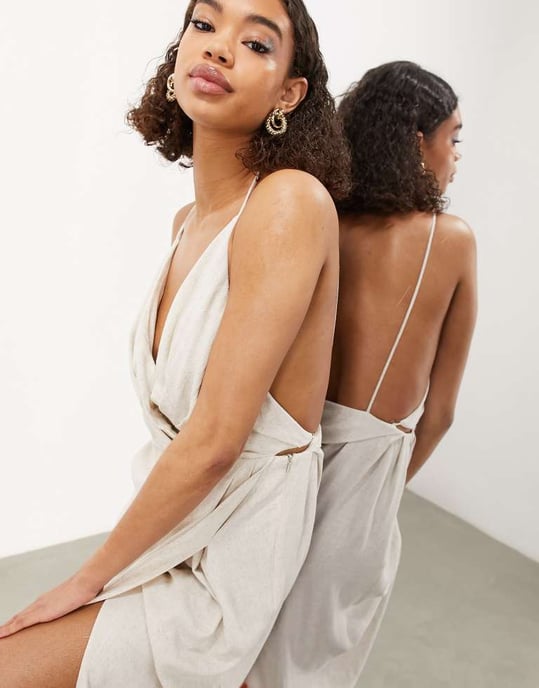 ASOS EDITION linne strappy back draperad cami midiklänning i stenfärg - Image 4