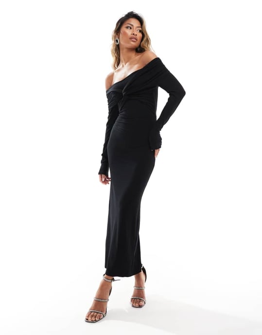 ASOS DESIGN axelband-löst snurr midi-klänning med långa ärmar i svart - Image 2