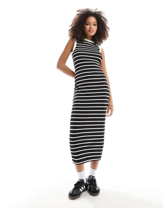 ASOS DESIGN 90-tals ribbad midi klänning med upptill byggd ärm i svart och vit randig - Image 3