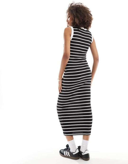 ASOS DESIGN 90-tals ribbad midi klänning med upptill byggd ärm i svart och vit randig - Image 4