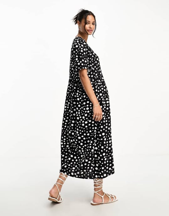Monki knapp-genom midi-klänning i monokrom prickig tryck - Image 2