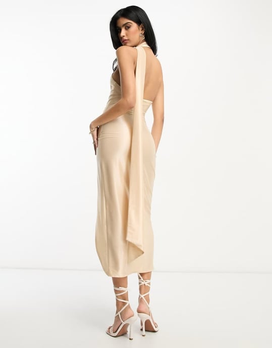 ASOS DESIGN one shoulder knyt stretch satin midi klänning i elfenben - Image 3