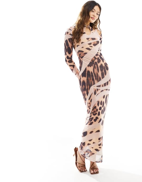 ASOS DESIGN långärmad midi-klänning med urklippt halsdetalj i snedvriden djurtryck - Image 1