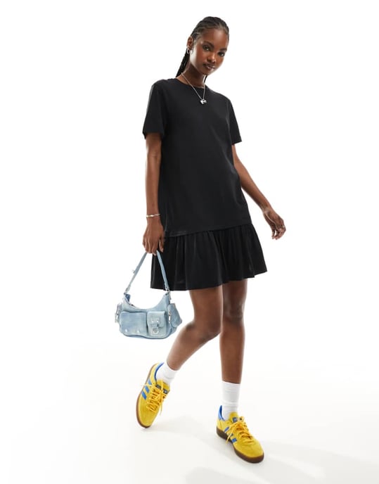 Monki jersey mini klänning med låg midja i svart - Image 3