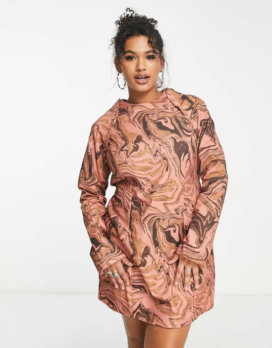 ASOS DESIGN Curve bomull puffärmad minikjol med avtagbara ärmar i beige virvelliknande mönster - Image 4