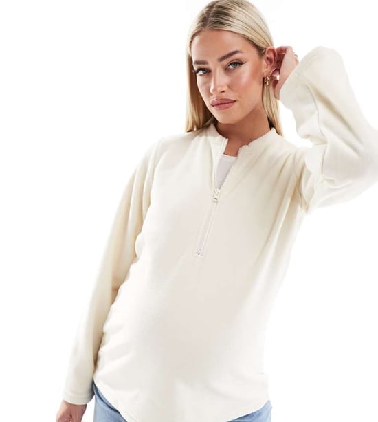 Mamalicious gravid zip-fram fleece med breda ärmar i krämfärgad - Image 1