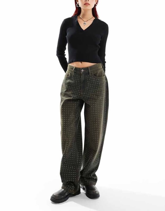 COLLUSION X001 antifit jeans med diamanta i brunt - BRUN - Image 1