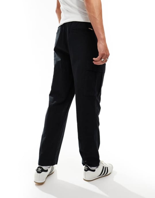 Jack & Jones tapered linnebyxor med cargofickor i svart - Image 3