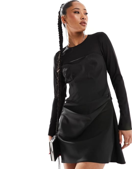 ASOS DESIGN miniklänning med korsettinspirerat detalj och nätärmar i svart - Image 1