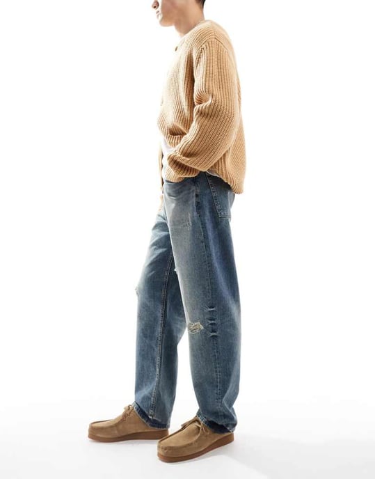ASOS DESIGN baggy jeans i mellanfärg med slitningar - Image 3