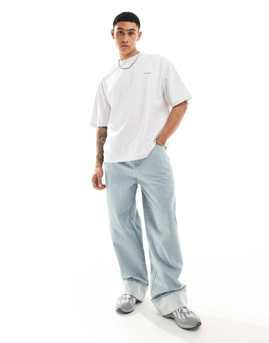 COLLUSION X002 baggy jeans i ljustvättad blågrå med uppvikt fåll - GRÅ - Image 4
