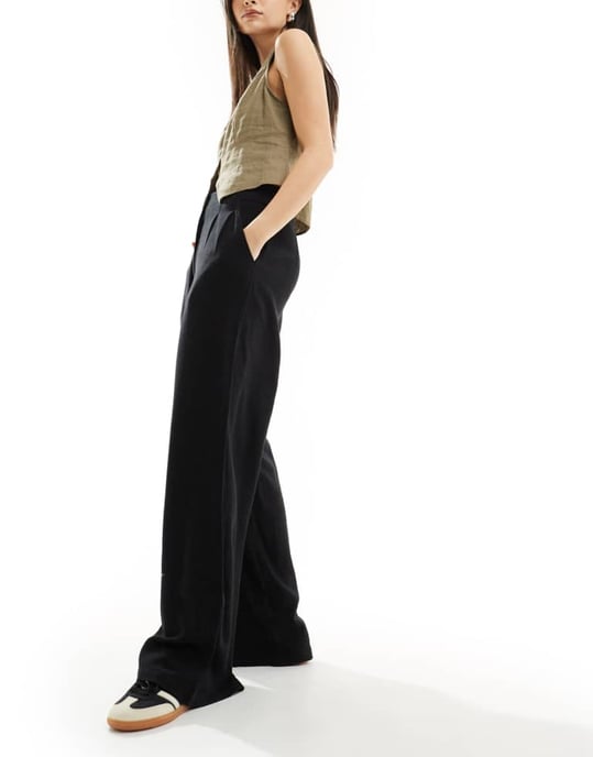 ASOS DESIGN skräddarsydda hög midja sömdetalj vida linbyxor i svart - Image 3