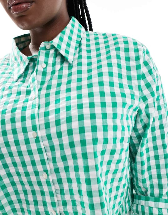 ASOS DESIGN Curve linne-look kortärmad skjorta co-ord i grön rutigt - Image 3
