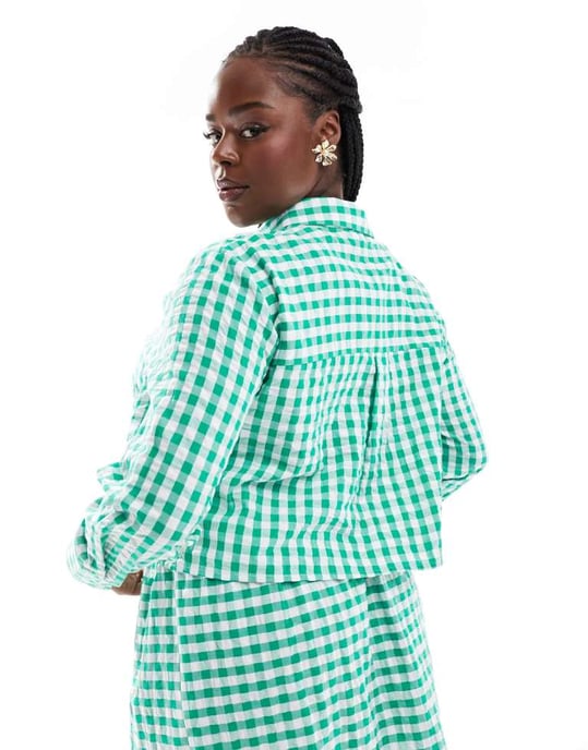 ASOS DESIGN Curve linne-look kortärmad skjorta co-ord i grön rutigt - Image 4