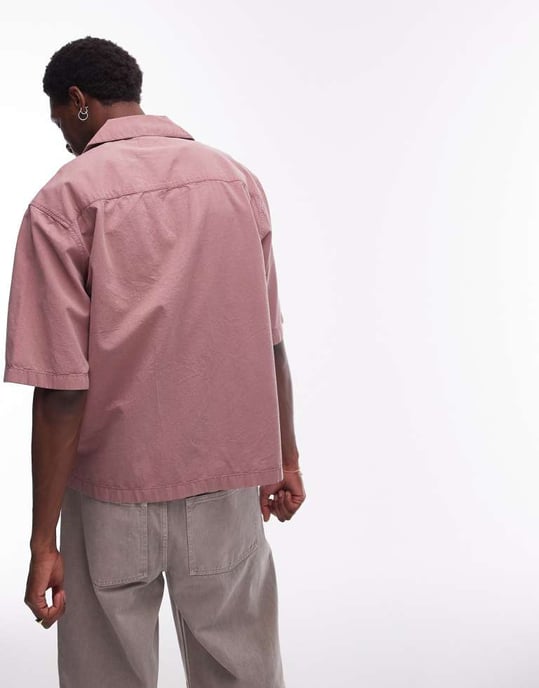 Topman kortärmad avslappnad tvättad skjorta i rosa - Image 3