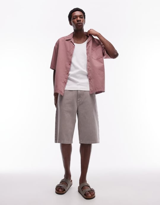 Topman kortärmad avslappnad tvättad skjorta i rosa - Image 4