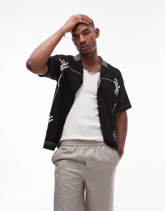 Topman stickad polotröja med palmembroderi i svart - Image 1