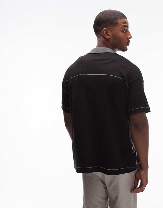 Topman stickad polotröja med palmembroderi i svart - Image 2