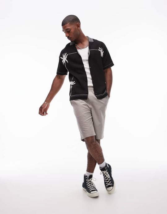 Topman stickad polotröja med palmembroderi i svart - Image 3